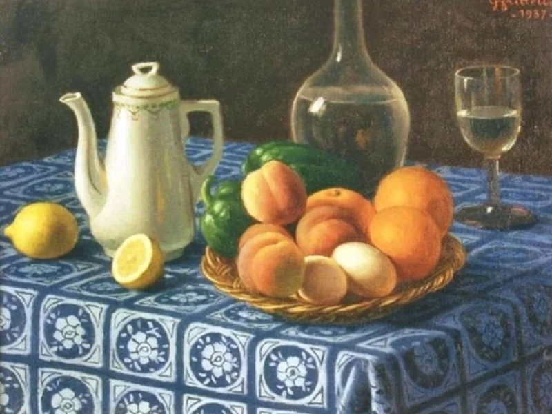 1879-Gino Frittelli - Natura morta con tovaglia azzurra, 1937